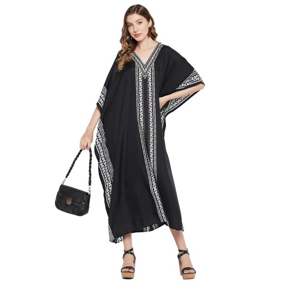Gypsie Blu Black Geometric Printed Kaftan Summer Beach Cover Up Dress for Women - Picture 8 of 9